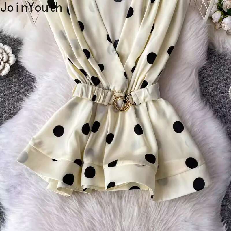 Sleeveless Polka Dot Blouses 2025 Women Clothing V-neck Slim Waist Shirts Folds Ruffles Vintage Blouse Tops Camisas De Mujer