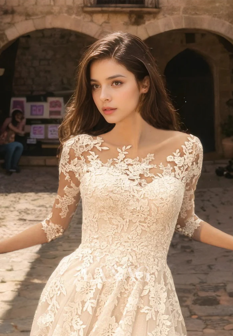 Elegant Lace A-Line Wedding Dresses Sweep Train Appliques Half Sleeves Long Bridal Gown Vintage Country Bride Dress Vestido De Novia