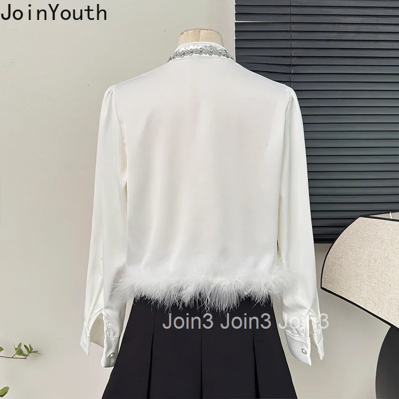 White Crop Tops Blouses for Women Diamond O-neck Long Sleeve Shirts 2025 Blusas Mujer De Moda Tunic Ruffles Temperament Blouse