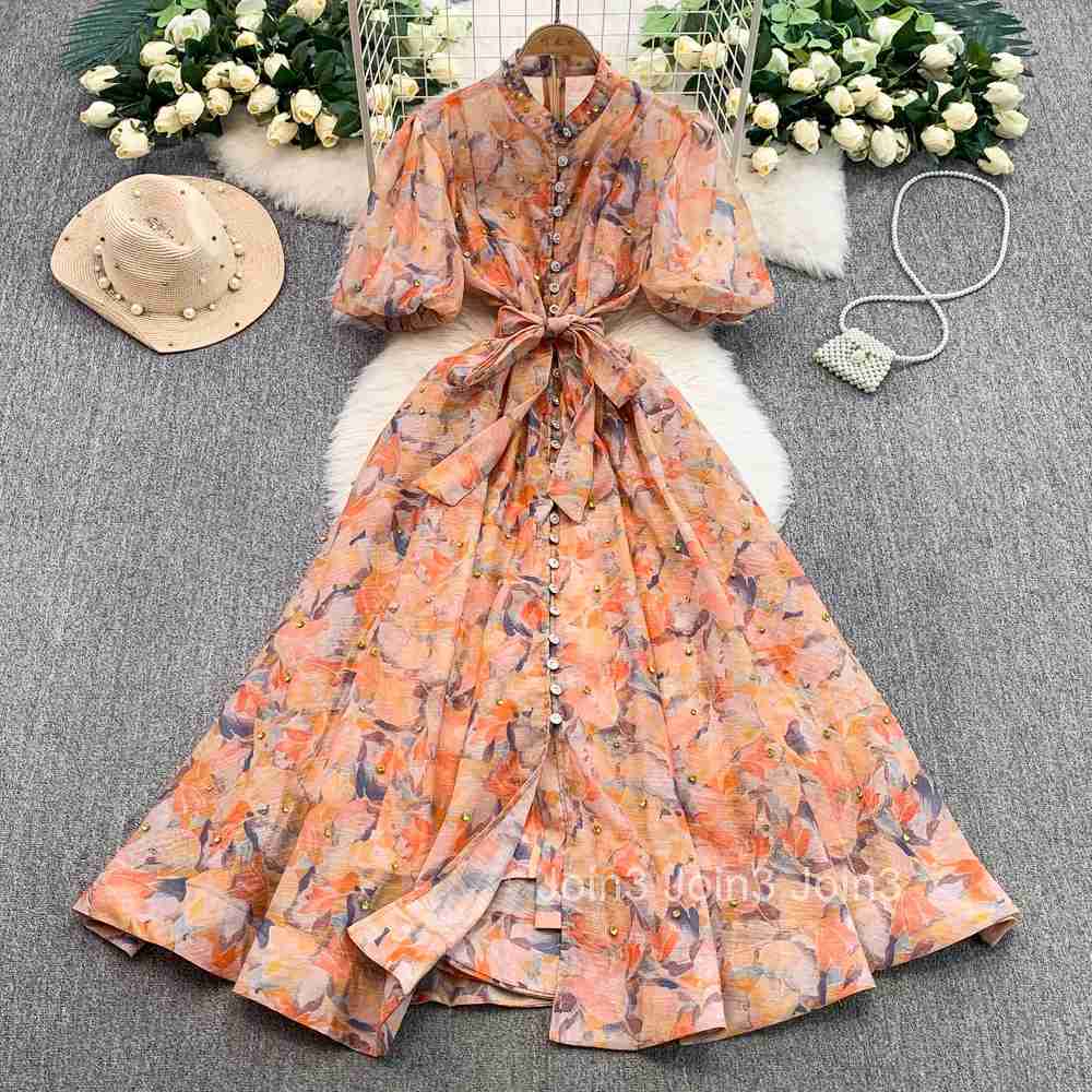 Vintage Dresses for Women Stand Neck Puff Sleeve Big Swing Robe Femme 2025 Vestidos De Mujer Single Breasted Print Summer Dress