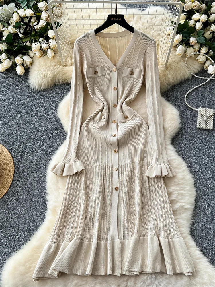 SINGREINY Autumn Office Lady Long Dress Women Winter V Neck Long Sleeves Chic Button Ruffles Sweet Streetwear Knitted Dress 250617