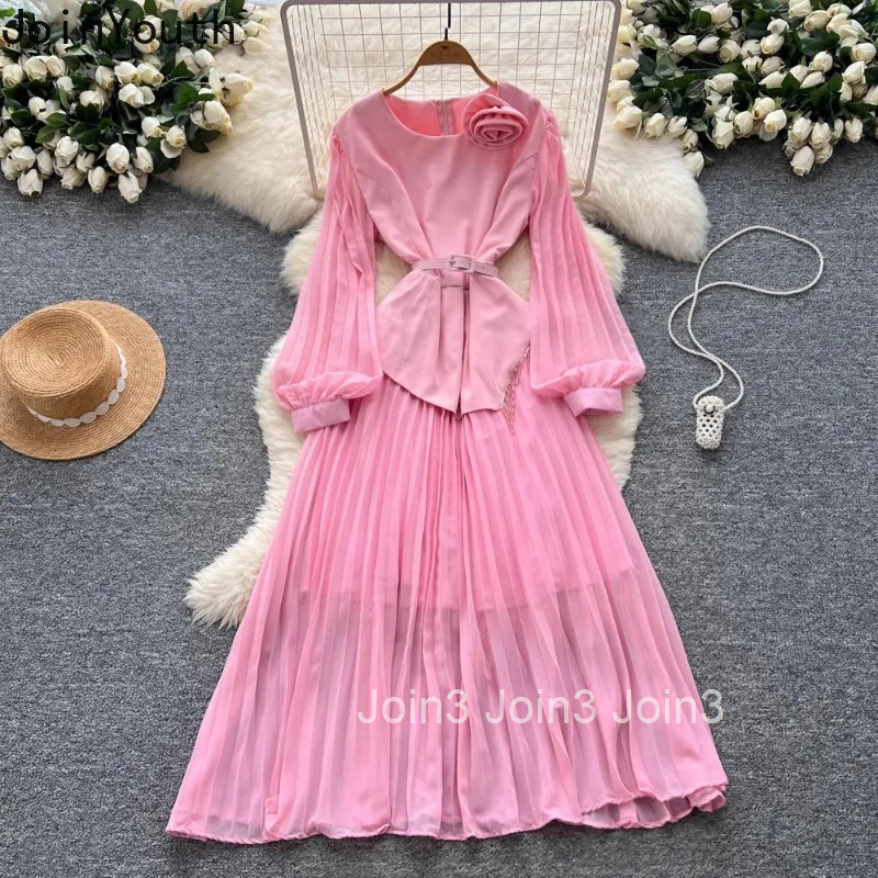 Vintage Summer Dress O-neck Lantern Sleeve Temperament Robe Femme 2025 Vestidos De Mujer High Waist Big Swing Pleated Dresses
