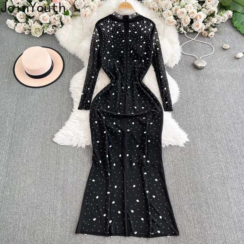 Party Dress Women 2025 Vestidos De Mujer O-neck Long Sleeve Hollow Out Temperament Sexy Robe Femme Bodycon Diamond Maxi Dresses