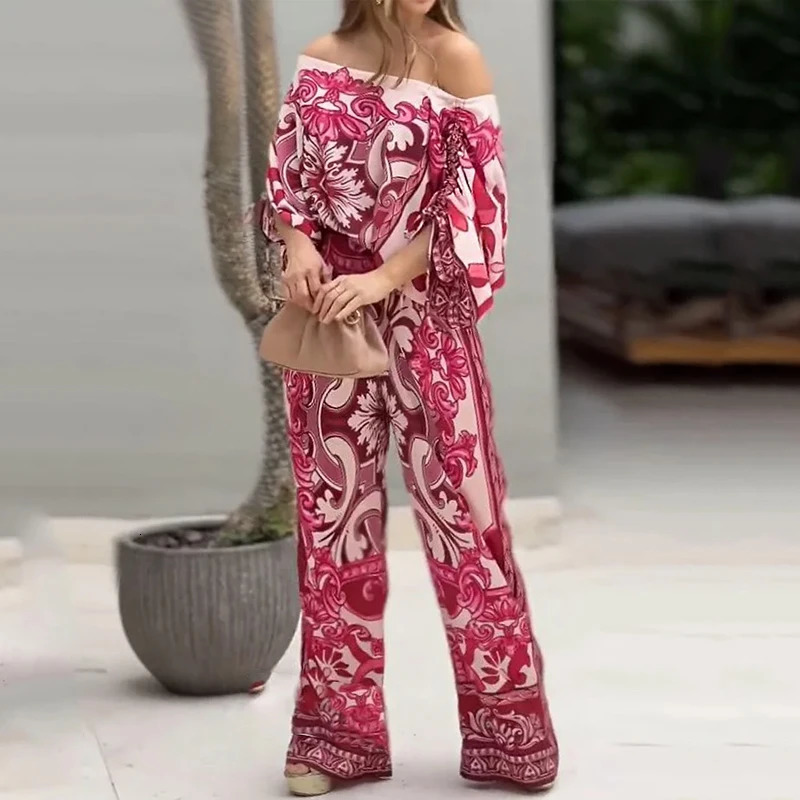 Wefads Women Two Piece Set Casual Fashion Printed One Shoulder Drawstring Shirring Ioose Top With Pocket Wide Leg Pants Set 250617
