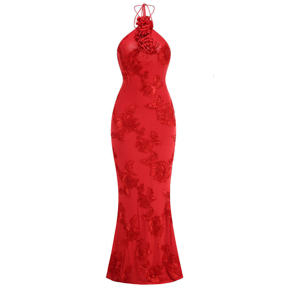 White Skirt Maxi Skirt Red Halter Neck Embroidered Sexy Slimming Elegant Long Romantic French Style Dress Long Skirt