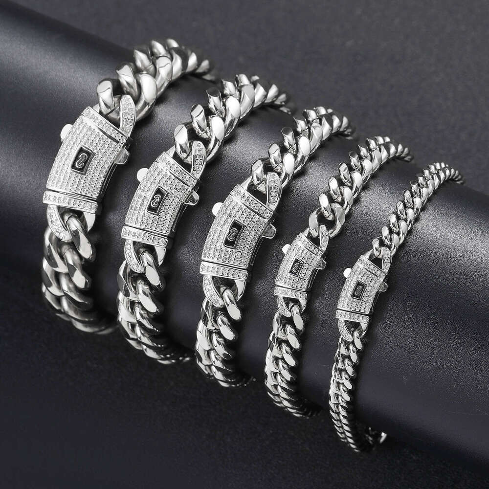 Stainless Necklace 6mm-14mm Round Polished Encrypted 14K Gold Cuban Inlaid with Zircon Spring Clasp Titanium Steel Chain 2e25