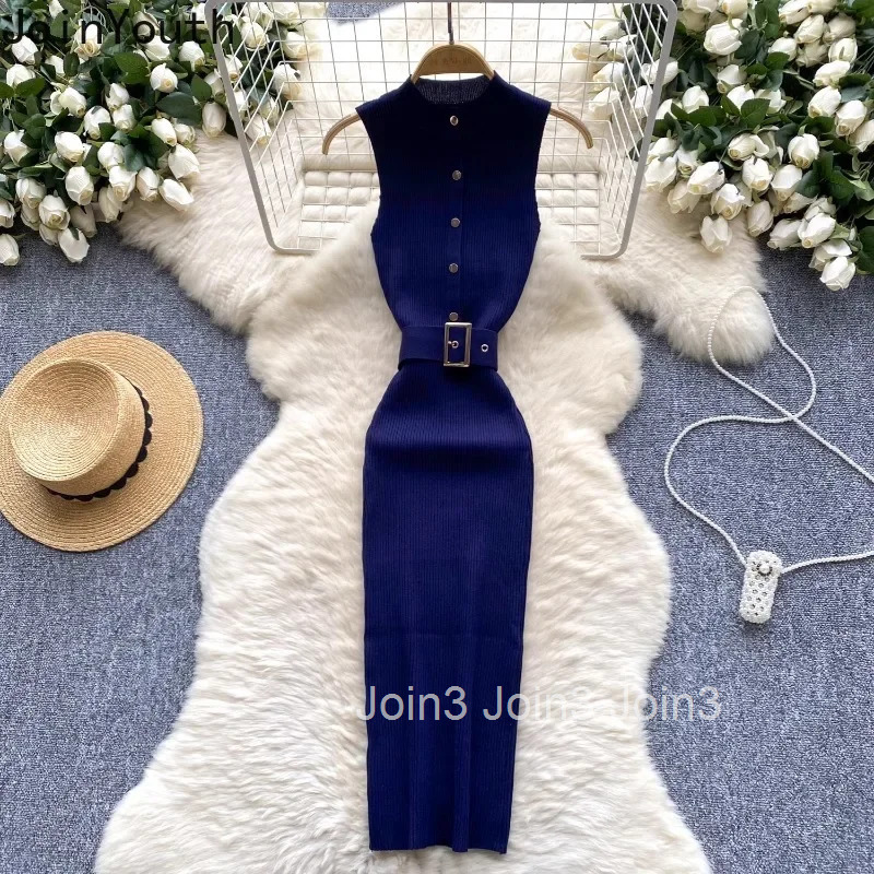 Knitted Woman Dress 2025 Vestidos De Mujer Sleeveless Half High Collar Tunic Temperament Robe Femme Sexy Bodycon Dresses 7p556