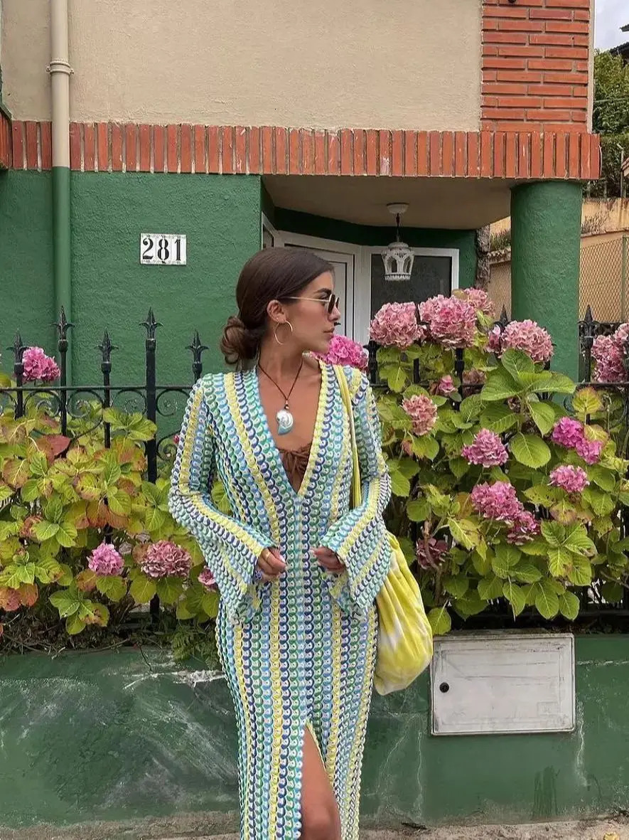 Crochet Colorful Stripe Maxi Dress Women Flare Sleeve V-neck High Split Sexy Long Dresses Autumn Beach Banquet Vestidos 250617