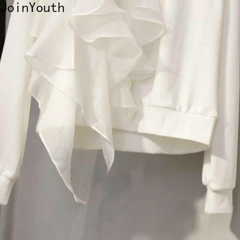 2025 Women Clothing White Hoodies O-neck Long Sleeve Oversized Sweatshirts Y2k Tops Chic Ruffles Irregular Fashion Casual Hoodie