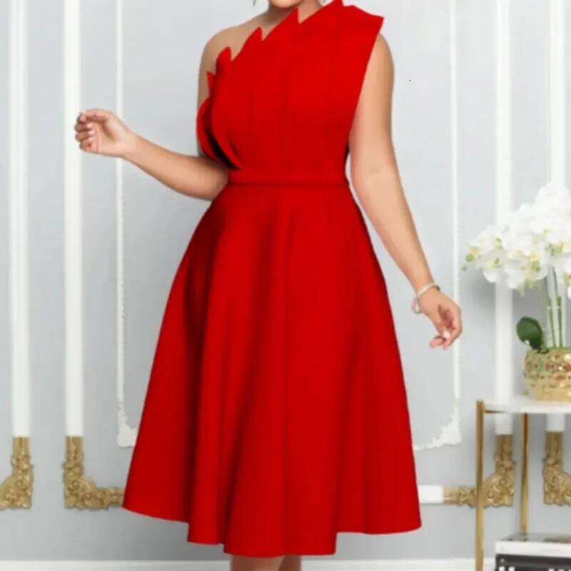 Chic One Shoulder Pleated Sleeveless Solid A-Line High Waist Evening Party Strapless Dress Women Summer Vestidos Clothing