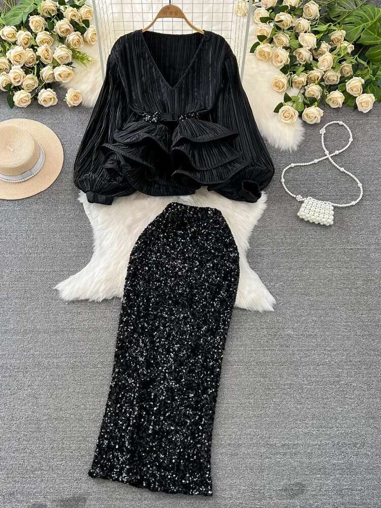 Fashion 2 Piece Sets Women Lantern Sleeve V-neck Ruffles Tops High Waist Bodycon Sequined Skirt Outfits Temperament Korean Suit