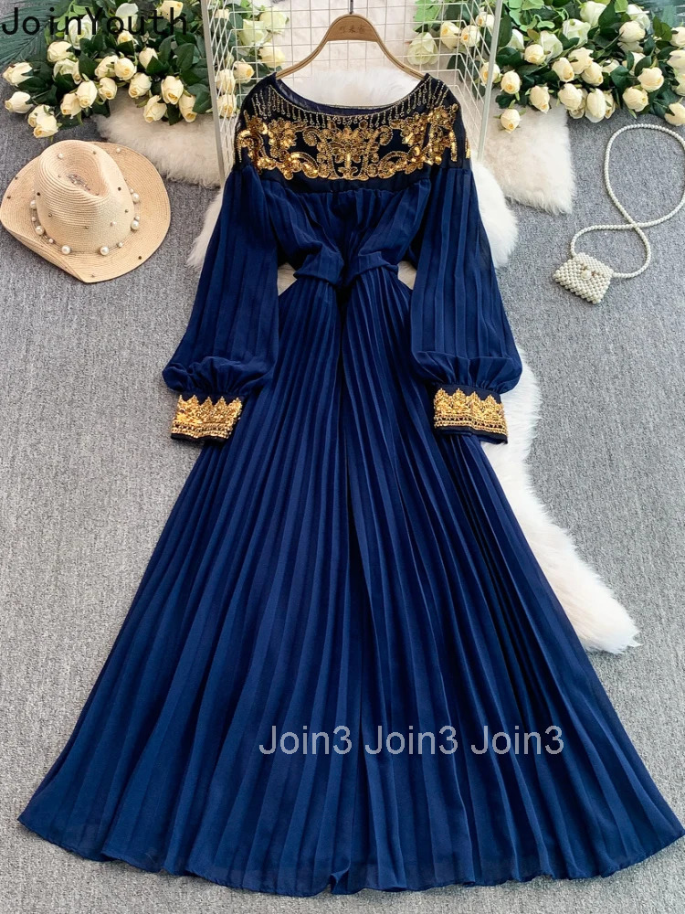 Temperament Robe Femme Summer Elegant Pleated Dresses for Women 2025 Vestidos De Mujer O-neck Vintage Bandage Sequin Maxi Dress