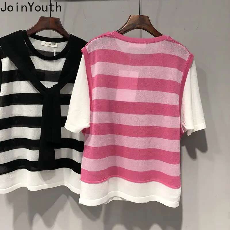 Summer Women Clothes Knit T Shirts Bandage Short Sleeve Fake Two Tees 2025 Ropa Mujer Oversized T-shirt Casual Striped Camisetas