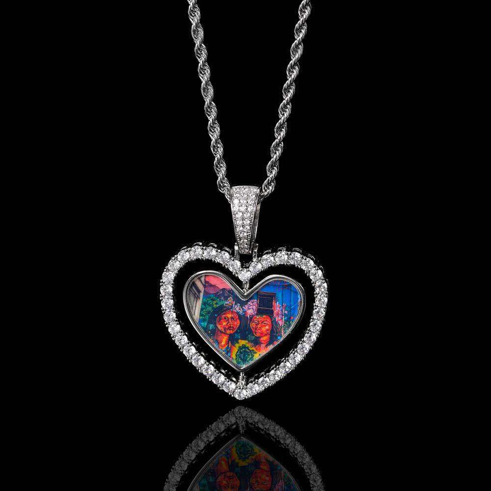 Hip Hop Rotatable Double-Sided Heart with Zircon Inlay Hollow Frame Necklace Photo Pendant 95a1