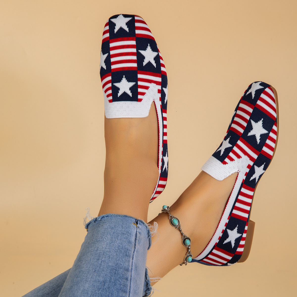 Luxury Brand Designer Shoes Sandals Foreign Trade Cross-Border Plus Size Women's Shoes Striped Star Wish Amazon New Slip-On Casual Women's S