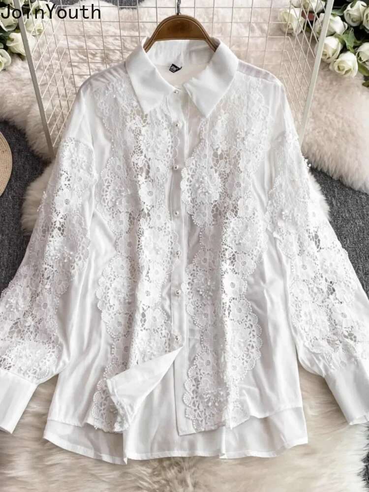 Women Clothing Temperament 2 Piece Sets Long Sleeve Loose Blouses Elastic High Waist Wide Leg Pants Outfits Hollow Out Lace Suit