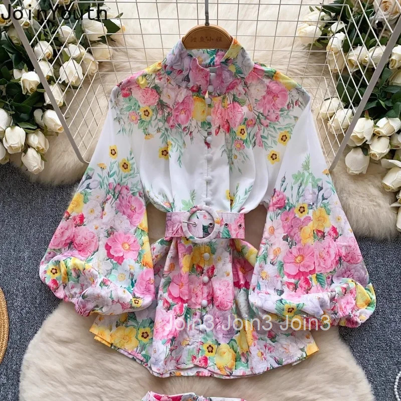 Summer Women Clothing Floral Two Piece Sets Stand Neck Slim Waist Shirt High Waist Wide Leg Shorts Outfits Vintage Korean Suit