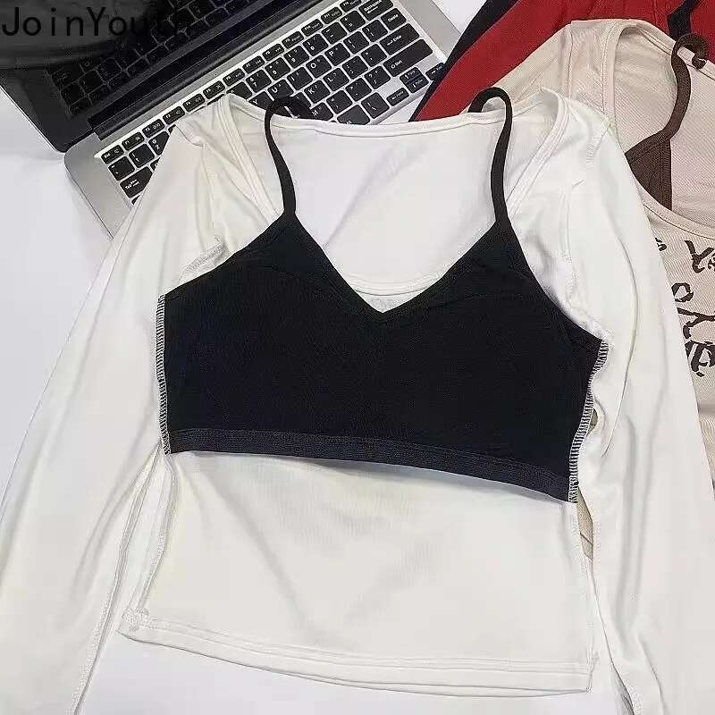Women Clothes Fake Two Tshirts Tunic Long Sleeve Camisetas Letter Print Tees 2025 Ropa Mujer Casual Fashion Korean T Shirt Tops