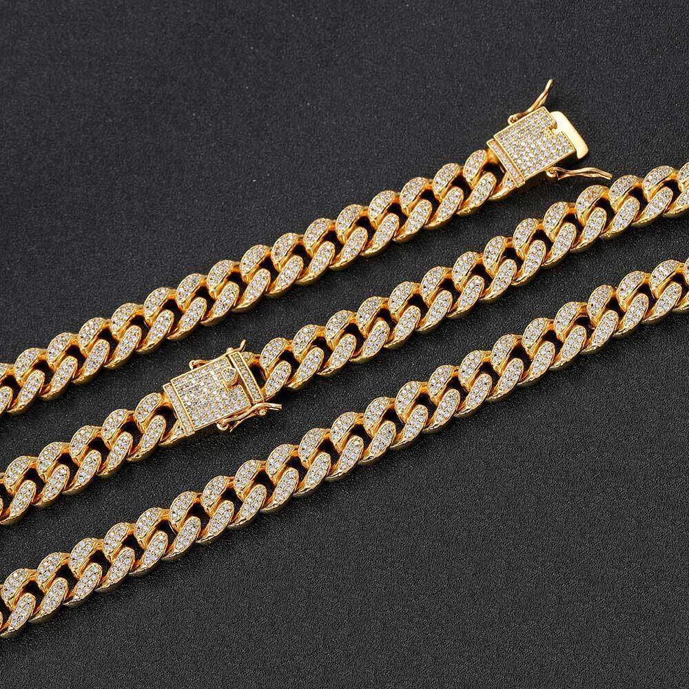 Jewelry 12mm High-Quality Full Dia Cuban Chain Real Gold Plated Hip Hop Men's Necklace Bracelet 4aa7