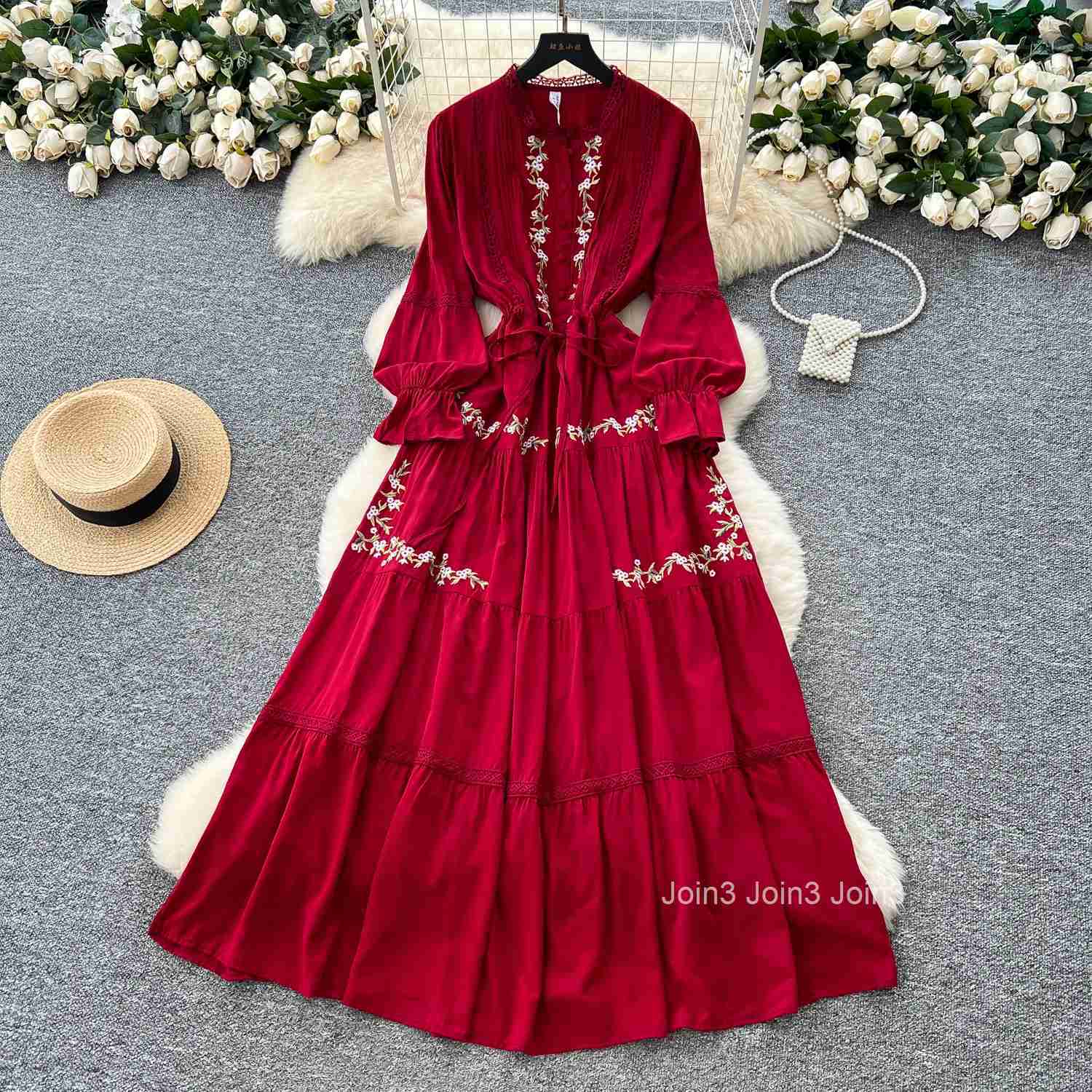 Vintage Dress Women Clothing Slim Waist Patchwork Lace Elegant Robe Femme 2025 Vestidos De Mujer Embroidery Summer Maxi Dresses