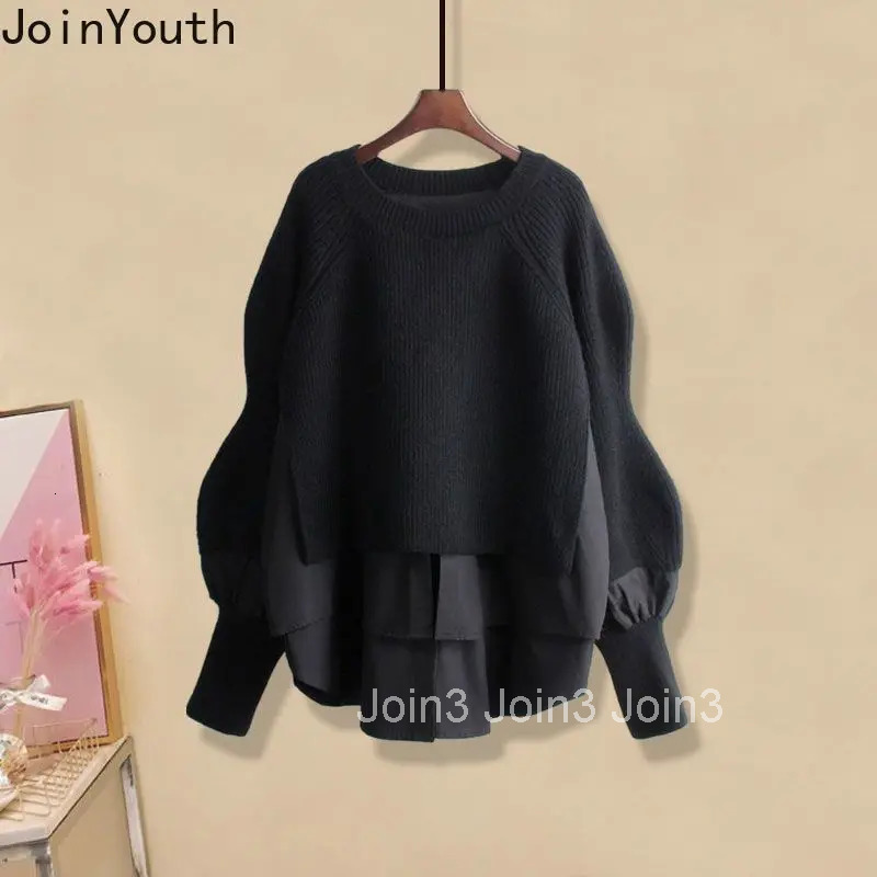 Fall Winter Clothes Fashion Two Piece Sets Women Patchwork Knit Pullovers Slim Fit Denim Pants Outfits Casual Korean Y2k Suit