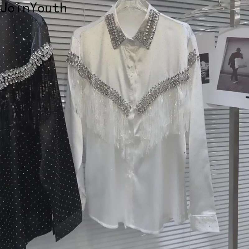 Temperament Tops Blouse for Womens Heavy Diamond Tassel Shirts Long Sleeve Fashion Korean Blouses Tops 2025 Camisas De Mujer
