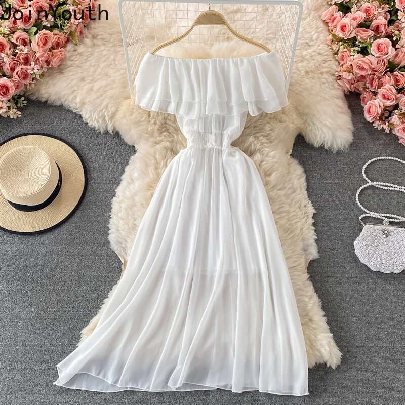 Summer Dress for Women High Waist Big Swing A-line Robe Femme Slash Neck Ruffles Chiffon Sexy Dresses 2025 Vestidos De Mujer