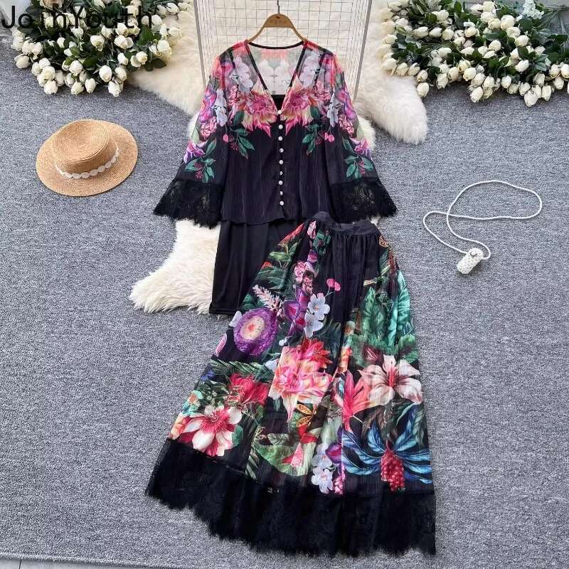 Skirt Suit Women Clothing Summer 2 Piece Set 2025 V-neck Patchwork Lace Floral Chiffon Blouse High Waist A-line Skirts Outfits