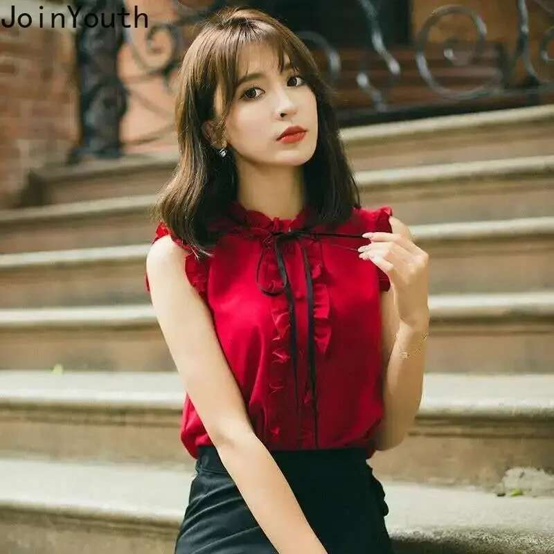 2025 Blusas Mujer De Moda Stand Neck Sleeveless Blouse Women Ruffles Sweet Tunic Tops Chic Vintage Summer Blouses Shirts 27m661