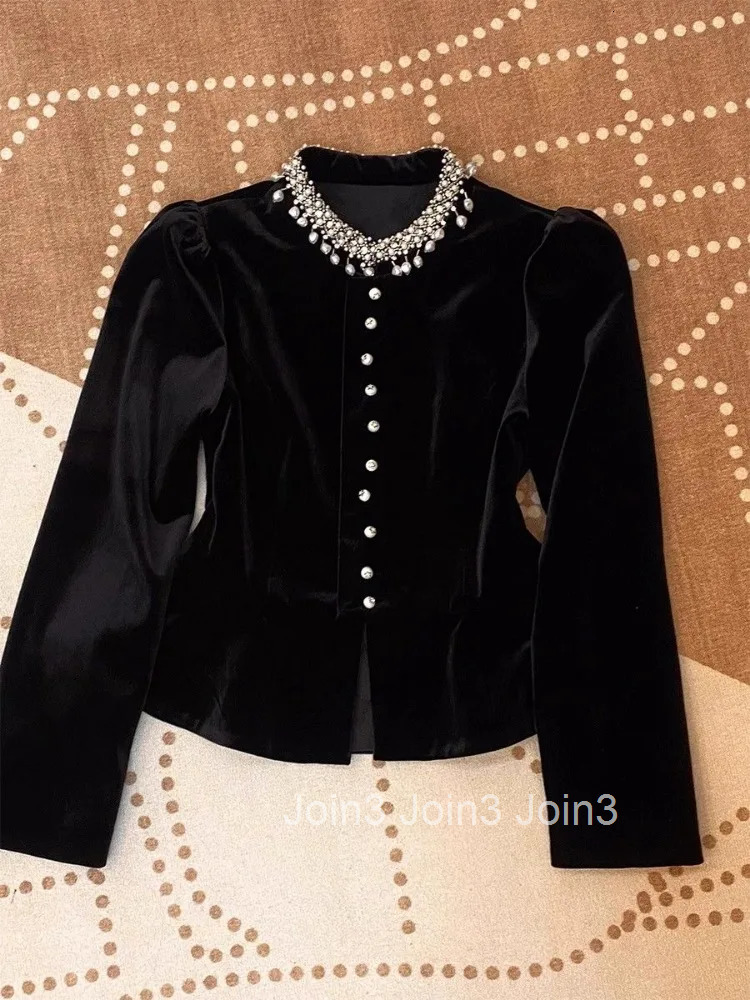 Blouses for Women Black Heavy Beading O-neck Puff Sleeve Shirts 2025 Blusas Mujer De Moda Slim Fit Velvet Vintage Blouse Tops