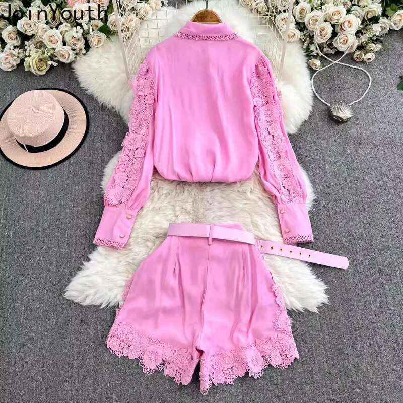 Women Clothing Shorts Outfits Summer Two Piece Sets Long Sleeve Lace Shirt High Waist Wide Leg Shorts Suit Vintage Korean Set