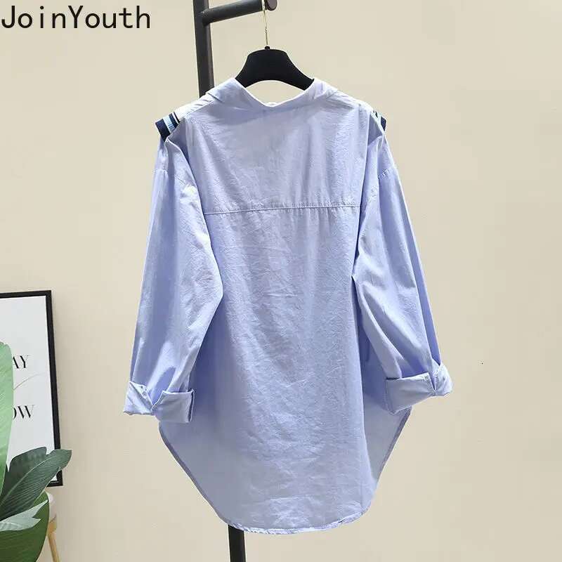 Cotton Long Sleeve Shirts Womens Clothing Loose Casual Blouses Patchwork Knit Striped Blusas Mujer 2025 Korean Ruffles Tops