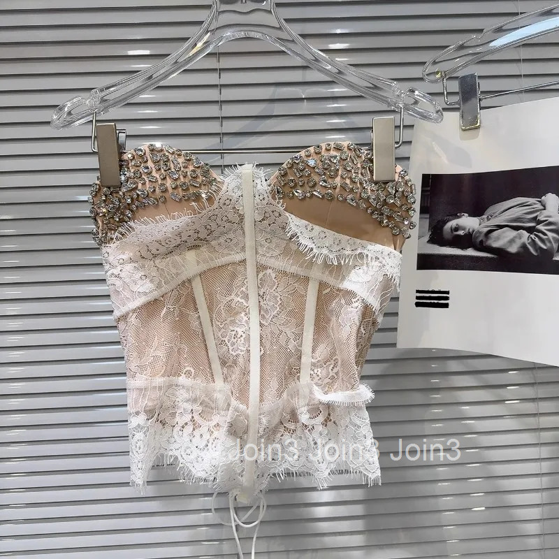 Fashion Tanks Women Heavy Diamond Slim Waist Tees Patchwork Lace Bandage Sexy Vest Crop Tops Backless Y2k Camis 2025 Ropa Mujer