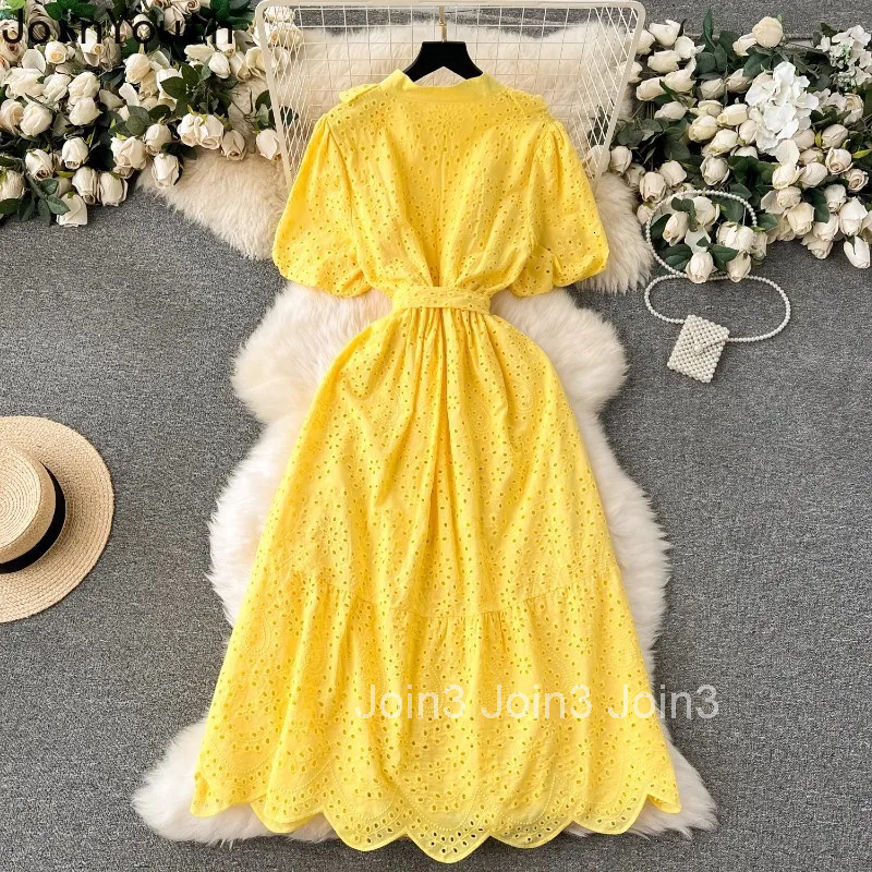 Temperament Robe Femme Vintage Dress Chic Women Clothing 2025 Vestidos De Mujer Puff Sleeve Embroidery Hollow Out Summer Dresses