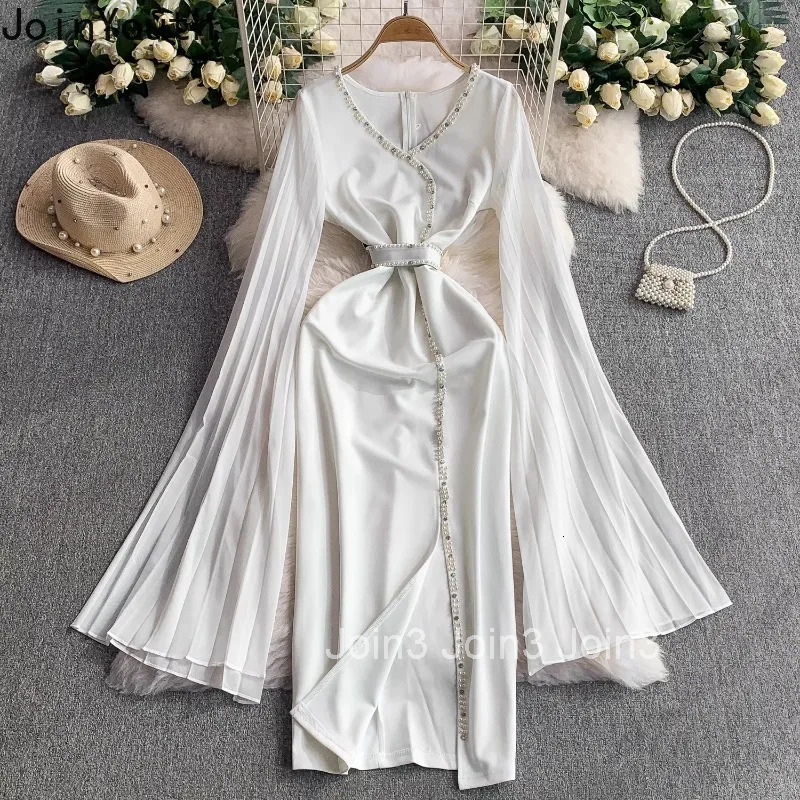 2025 Vestidos De Mujer Elegant Bodycon Dresses for Women V-neck Flare Sleeve Beading Tunic Robe Femme Split Temperament Dress