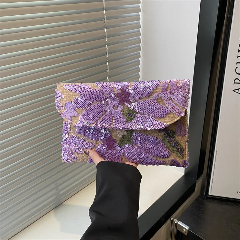 Women Evening Bag Floral Embroidery Sequin Evening Clutch Bag Envelope Package Beach Bag for Women Wedding Vacation Travel 250617