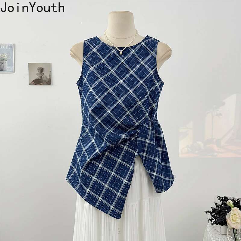 Summer Tanks Womens Clothes O-neck Sleeveless Folds Camis 2025 Ropa Mujer Slim Waist Irregular Plaid Vest Loose Casual Tops