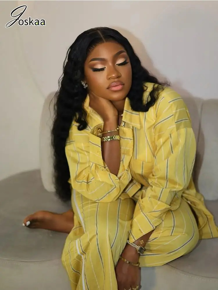 Joskaa Striped Print 2 Piece Sets Women Hipster Long Sleeve Blouse Tops and Wide Leg Pants Matching 2025 Tracksuits Streetwear 250617