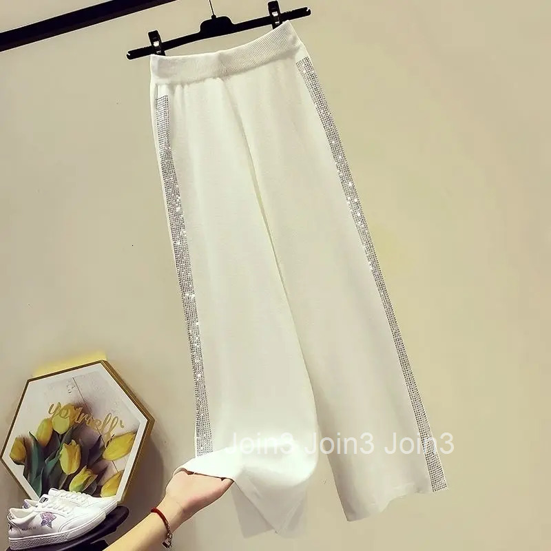 Korean Wide Leg Pants for Women 2025 New Bottoms High Waist Straight Pantalon Femme Patchwork Diamond Casual Fashion Trousers