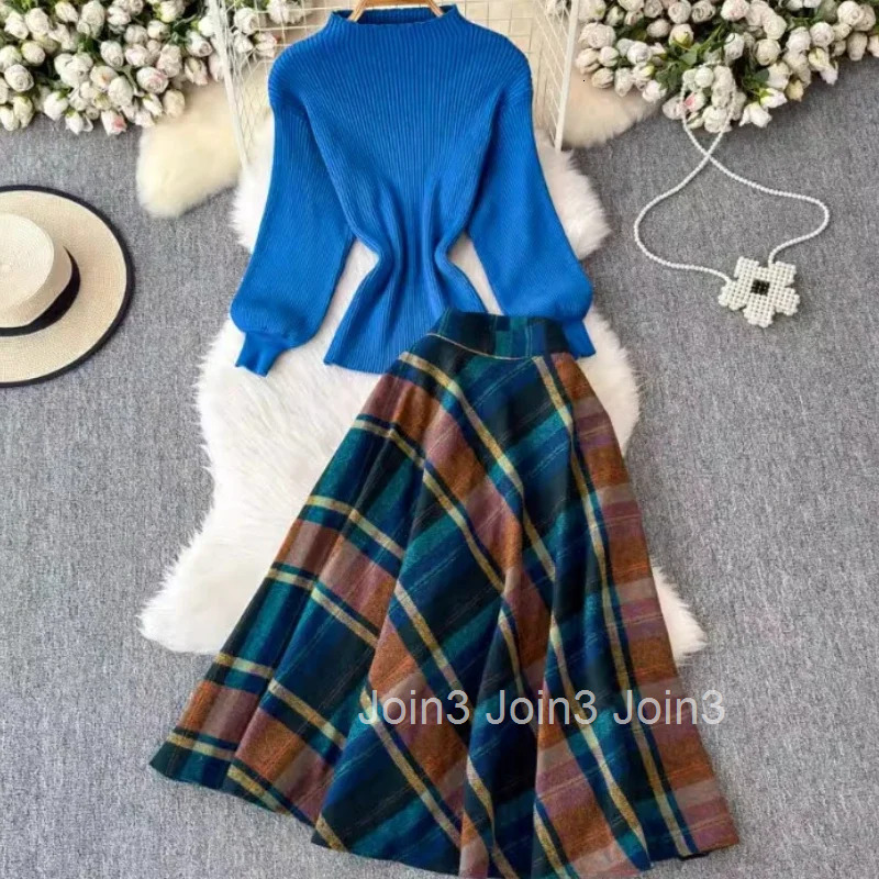 Women Clothing Skirt Outfits Vintage Two Piece Sets Knitted Pullovers High Waist Big Swing Plaid Skirts Suit Fashion Korean Set