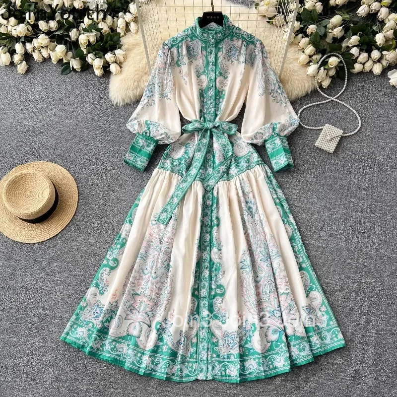 Vintage Dress Womens Clothing Stand Neck Lantern Sleeve Slim Waist Single Breasted Robe Femme Floral Summer Loose Maxi Dresses
