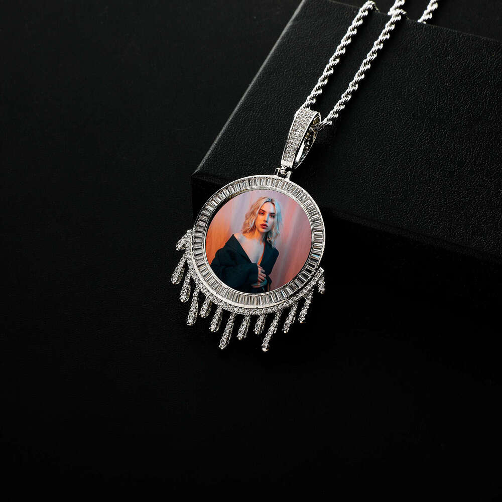 Jin Ao T Square Full Dia Water Drop Hip-Hop Photo Frame Pendant Necklace for Men and Women Couple Jewelry