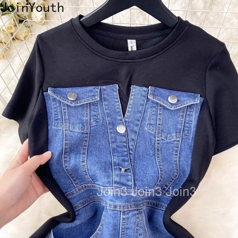 Denim Dresses Women O-neck Slim Waist Temperament TunicSplit Robe Femme 2025 Vestidos De Mujer Casual Chic Bodycon Y2k Dress