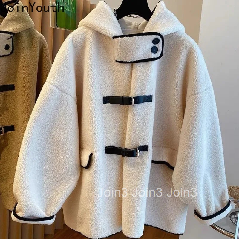 Oversized Jackets for Women 2025 Winter Clothing Hooded Lamb Wool Female Coat Vintage Streetwear Casual Outwear Fashion Y2k Tops