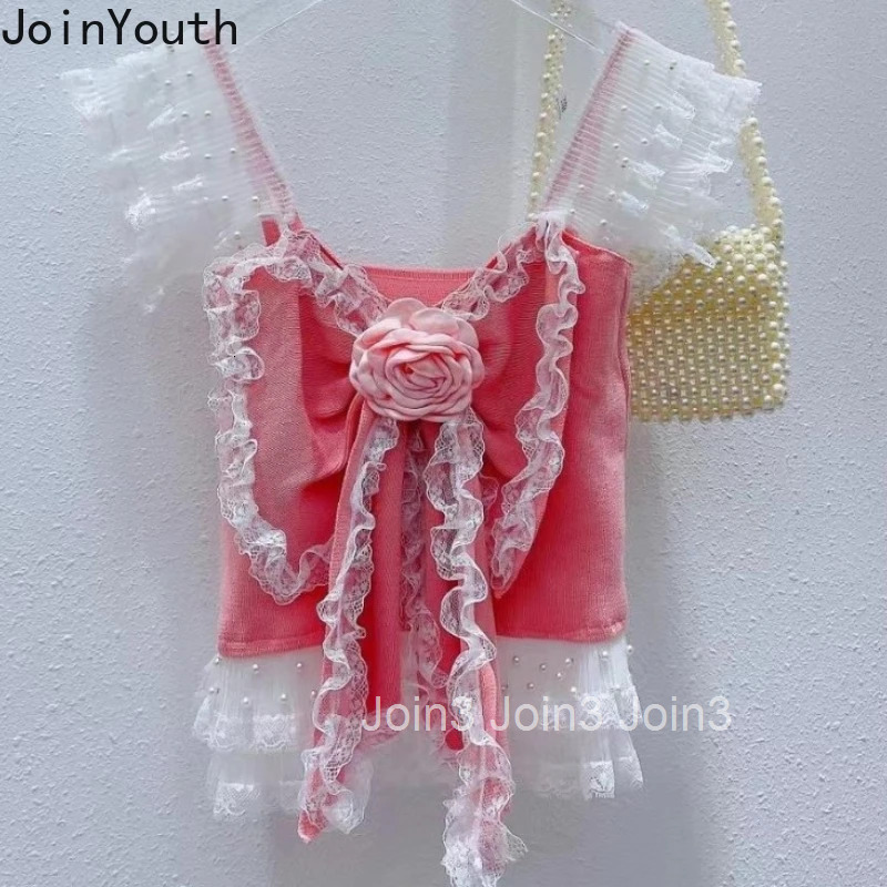 Sweet Knitted Vest Women Crop Tops Flying Sleeve Square Collar 3D Floral Camis Patchwork Lace Beading Ruffles Tanks Ropa Mujer