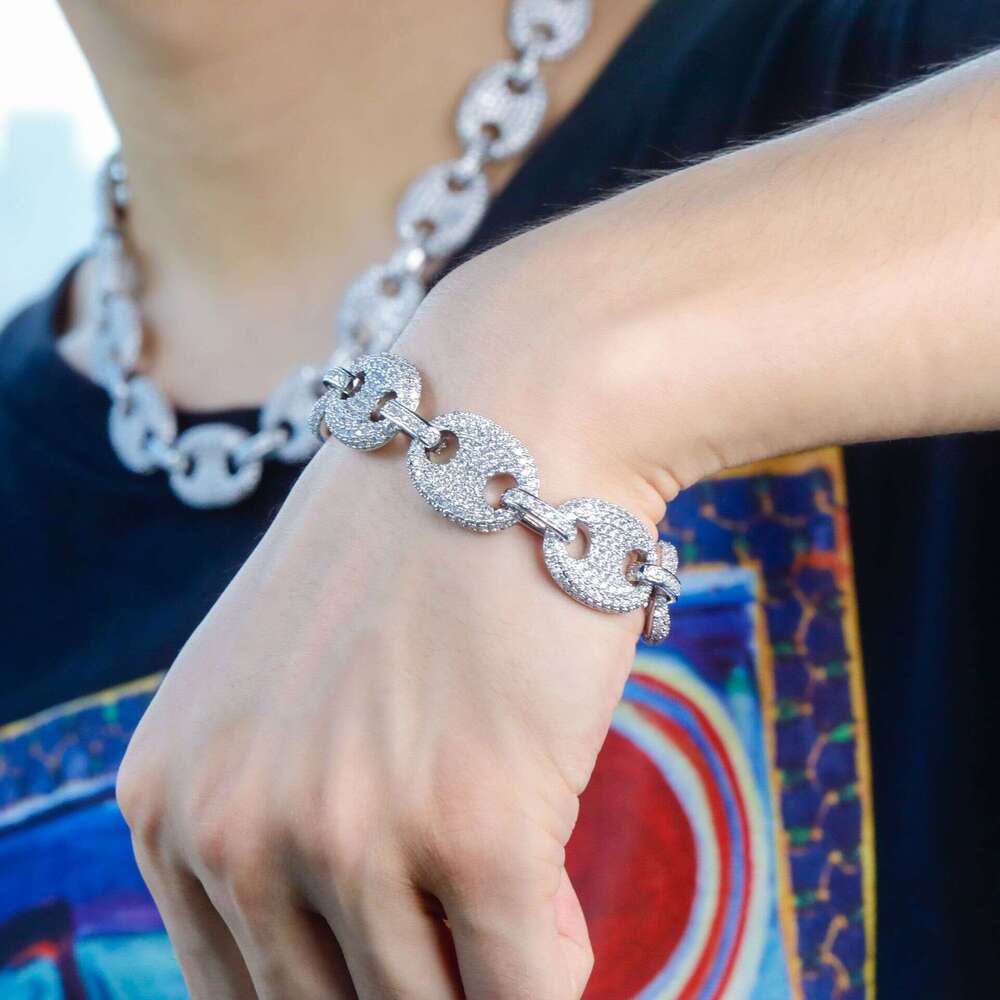 Hip Hop 18mm Large Gold Street Style Exaggerated Cuban Chain Full Dia Pig Nose Spliced Necklace Bracelet
