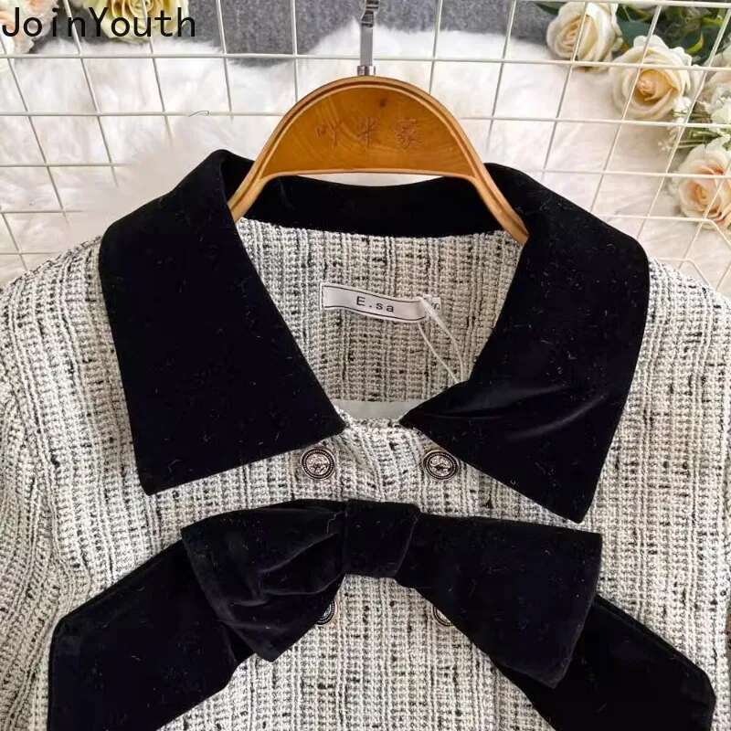Skirt Outfits Vintage Womens Two Piece Sets Roupas Femme Double-breasted Bow Crop Coats High Waist Pleated Mini Skirts Suit