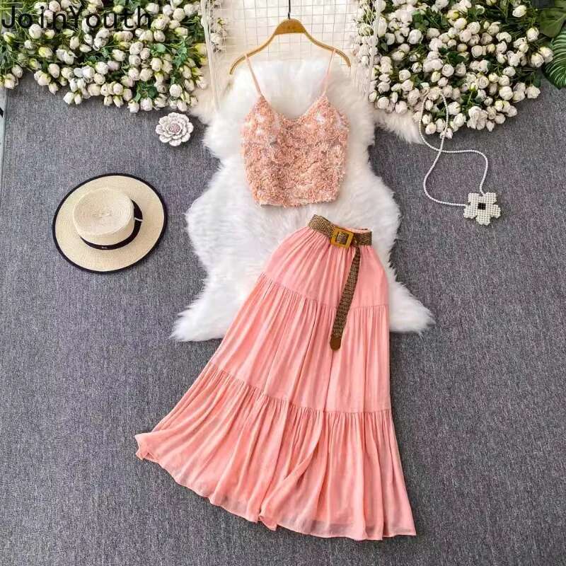 Women Clothing Two Piece Sets 3D Floral Tunic Sequin Vest Crop Tops High Waist Ruffles Skirt Outfits Fashion Korean Summer Suit