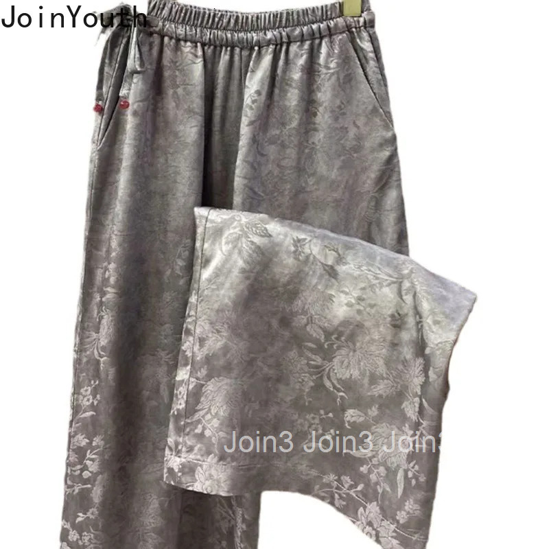 Chinese Style Summer Wide Leg Pants for Women High Waist Striped Floral Trousers 2025 New Bottoms Vintage Pantalon Femme 27v415