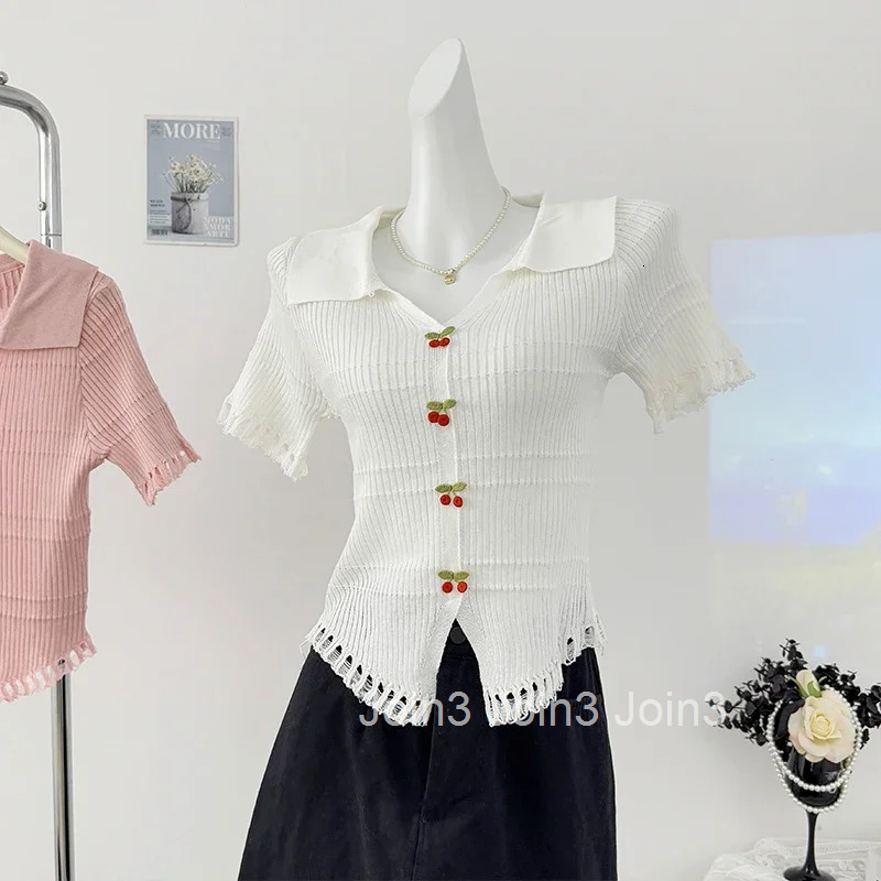 Knitted Woman T Shirts Single Breasted Short Sleeve Tassel Tees 2025 Ropa Mujer Slim Fit Summer Camisetas Casual Fashion T-shirt